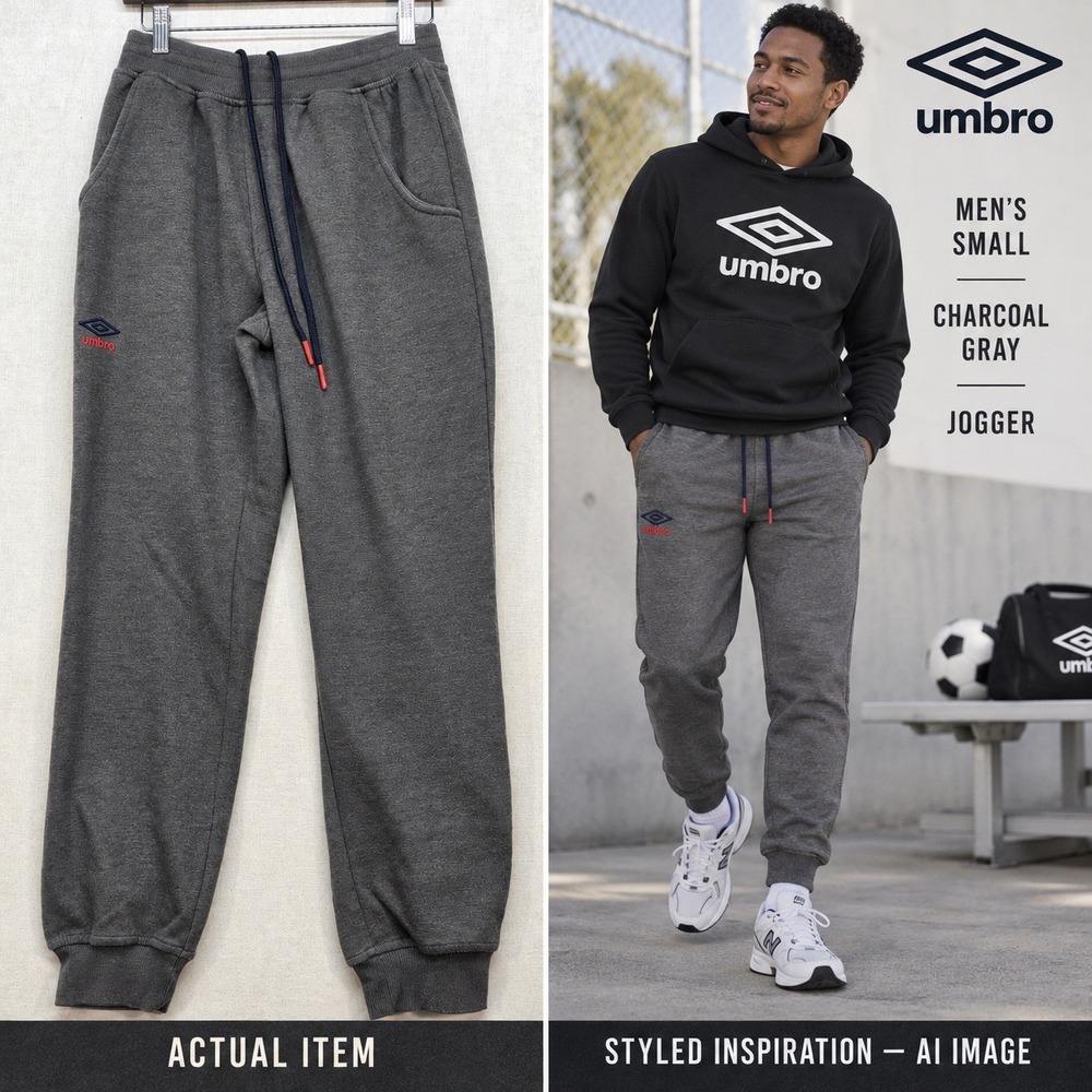 Umbro Men's Jogger Sweatpants Dark Grey Charcoal Size Small Red Logo Drawstring
